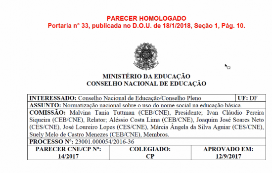 BRASIL. Parecer CNE nº 142017 - Normatização nacional sobre o uso do nome social na educação básica