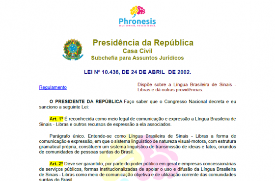Lei Federal nº 10.436, de 24/04/2002 - Dispõe sobre a língua brasileira de sinais - Libras e dá outras providências